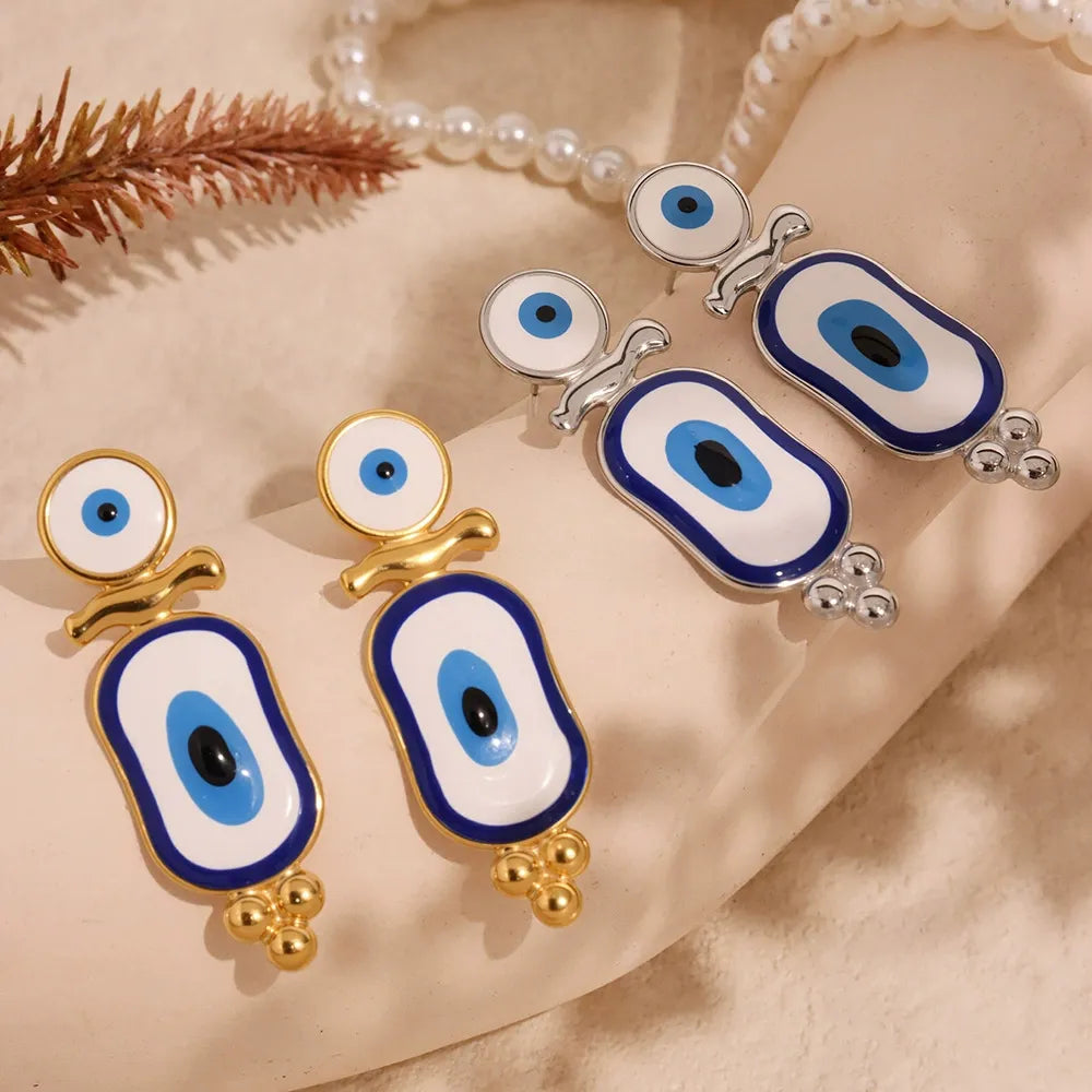 316L Stainless Steel Blue Enamel Evil Eye Earrings - Image 2