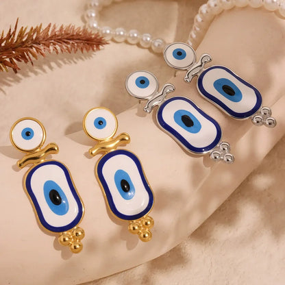 316L Stainless Steel Blue Enamel Evil Eye Earrings - Image 2