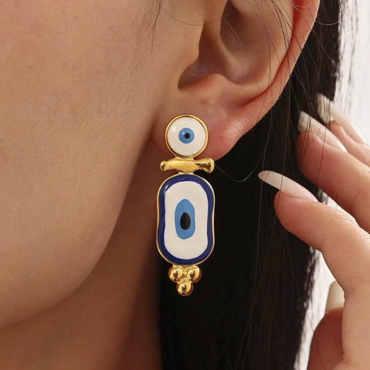 316L Stainless Steel Blue Enamel Evil Eye Earrings - Image 3