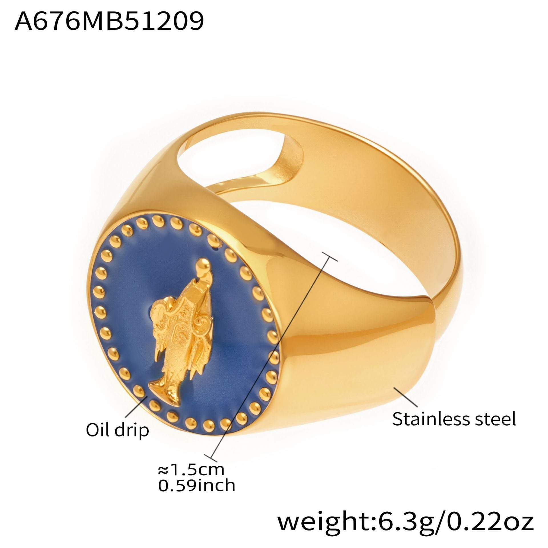 Wholesale 316L stainless steel blue enamel oil drip signet ring with geometric round face