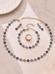 316L Stainless Steel Dopamine Four-Leaf Zircon Jewelry Set – Ring Necklace Bracelet Earrings
