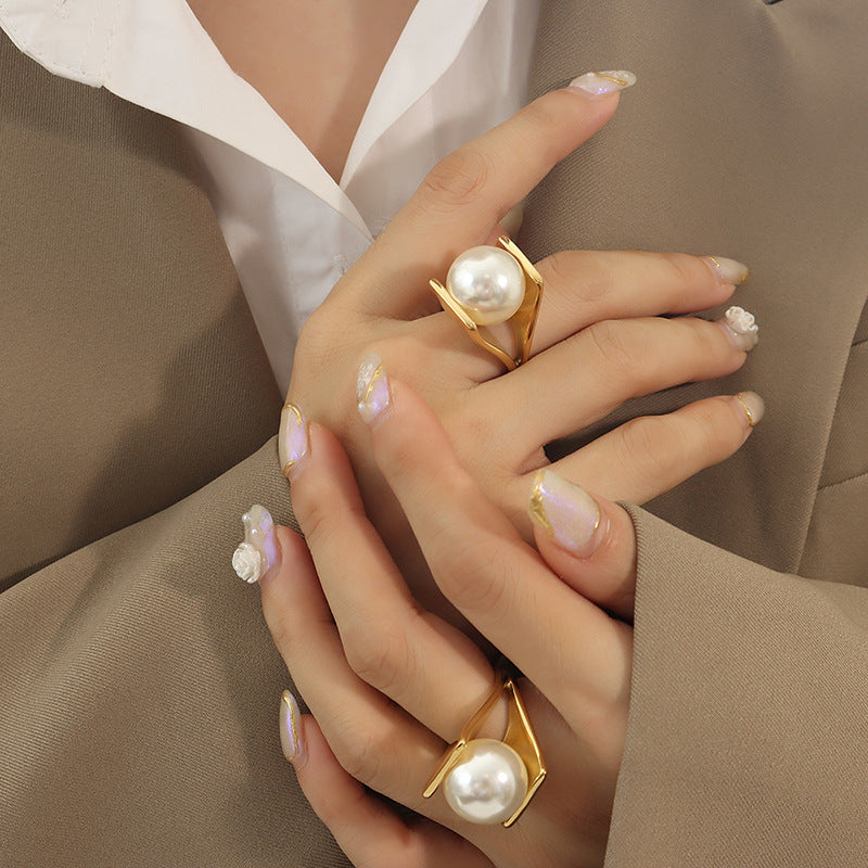 316L Stainless Steel Bold Y-Shaped Pearl Ring - Image 2