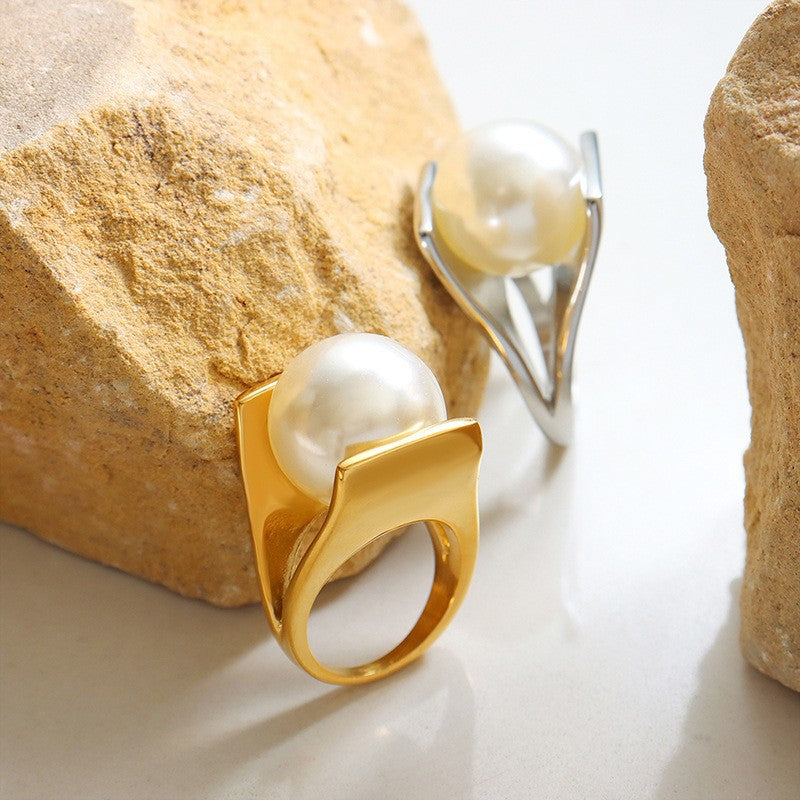 316L Stainless Steel Bold Y-Shaped Pearl Ring - Image 5