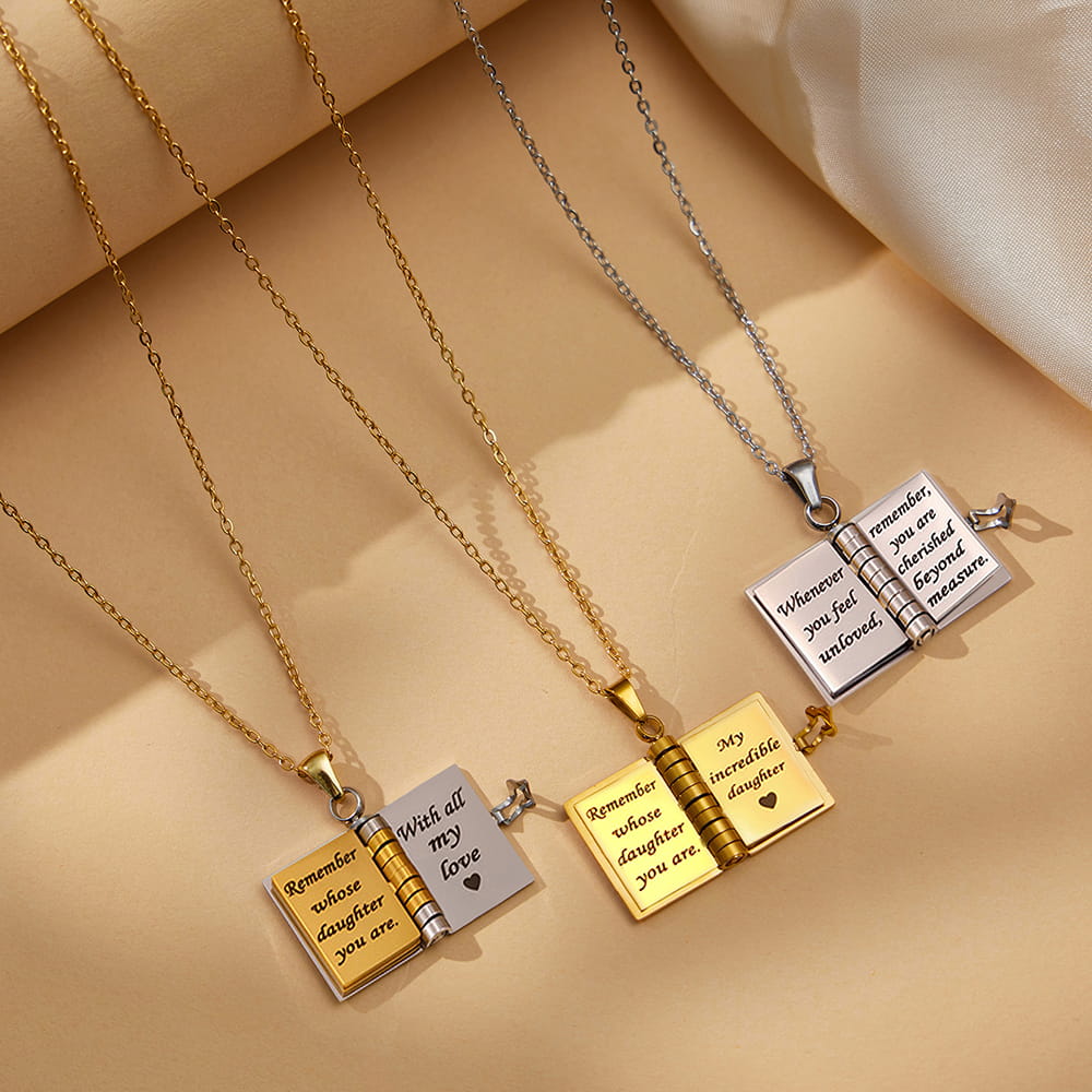 316L Stainless Steel 18K Gold PVD Engraved Book Pendant Necklace – Mother’s Day Family Love Gift