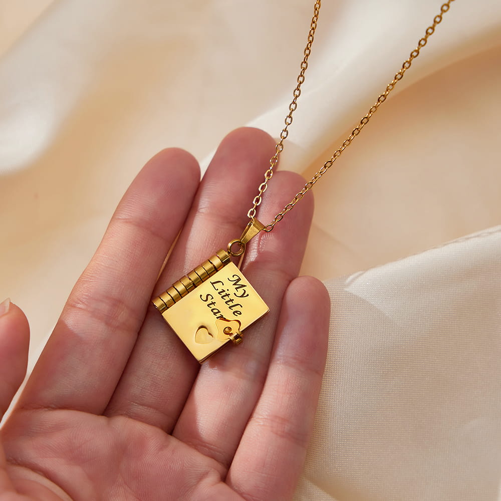 316L Stainless Steel 18K Gold PVD Engraved Book Pendant Necklace – Mother’s Day Family Love Gift