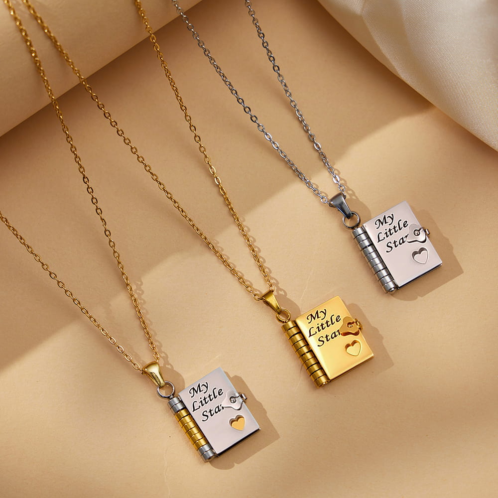 316L Stainless Steel 18K Gold PVD Engraved Book Pendant Necklace – Mother’s Day Family Love Gift