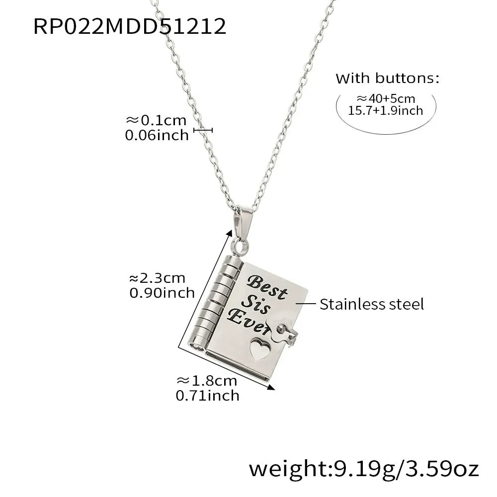 316L stainless steel silver book pendant necklace Best Sis Ever engraved message with size details, meaningful sister gift jewelry
