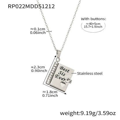316L stainless steel silver book pendant necklace Best Sis Ever engraved message with size details, meaningful sister gift jewelry

