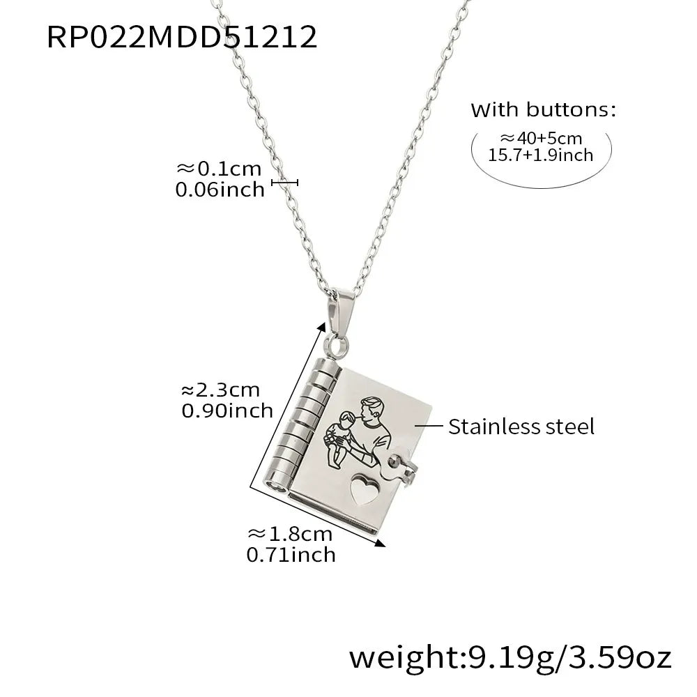 316L Stainless Steel 18K Gold PVD Engraved Book Pendant Necklace – Mother’s Day Family Love Gift