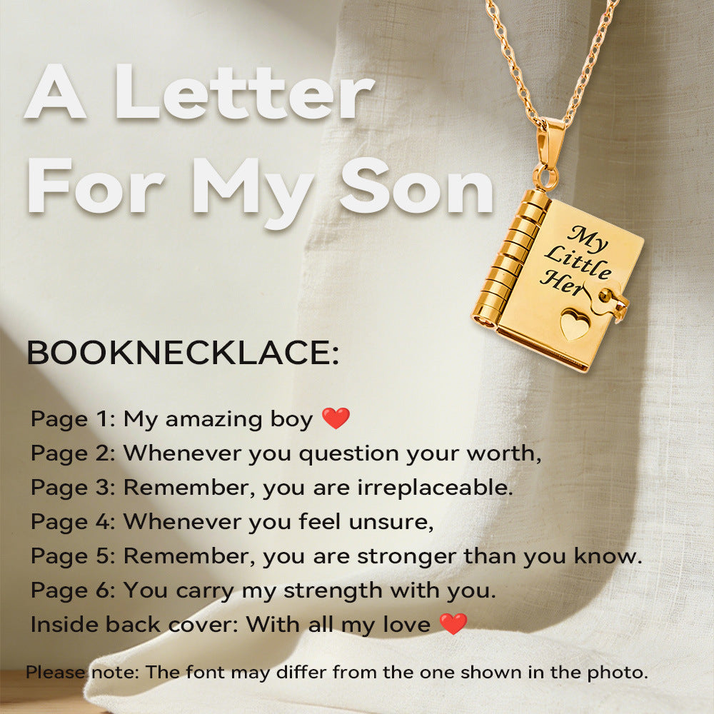 316L Stainless Steel 18K Gold PVD Engraved Book Pendant Necklace – Mother’s Day Family Love Gift