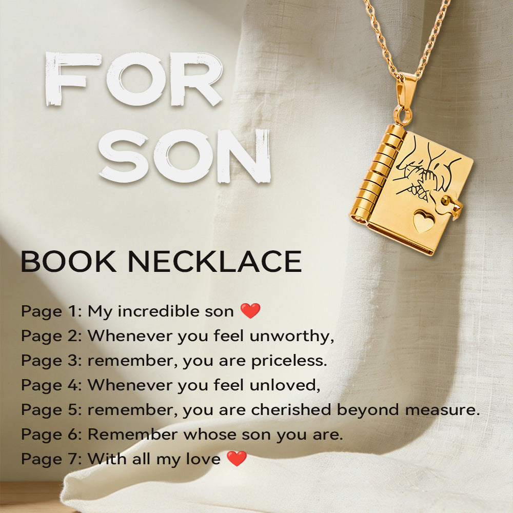 316L Stainless Steel 18K Gold PVD Engraved Book Pendant Necklace – Mother’s Day Family Love Gift