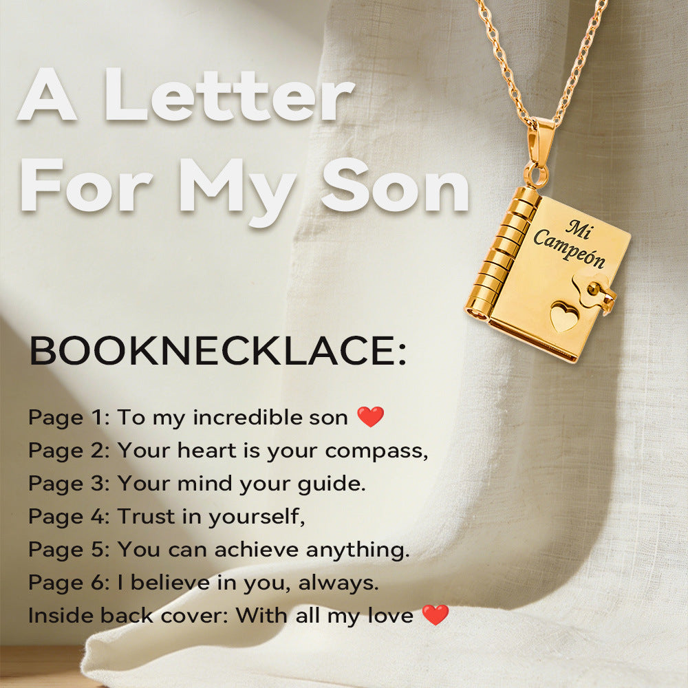 316L Stainless Steel 18K Gold PVD Engraved Book Pendant Necklace – Mother’s Day Family Love Gift