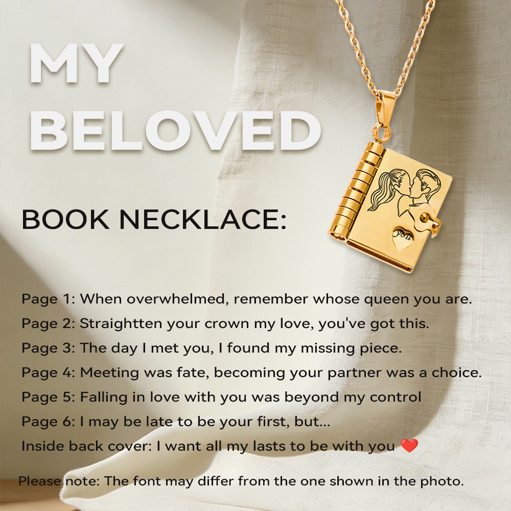 316L Stainless Steel 18K Gold PVD Engraved Book Pendant Necklace – Mother’s Day Family Love Gift