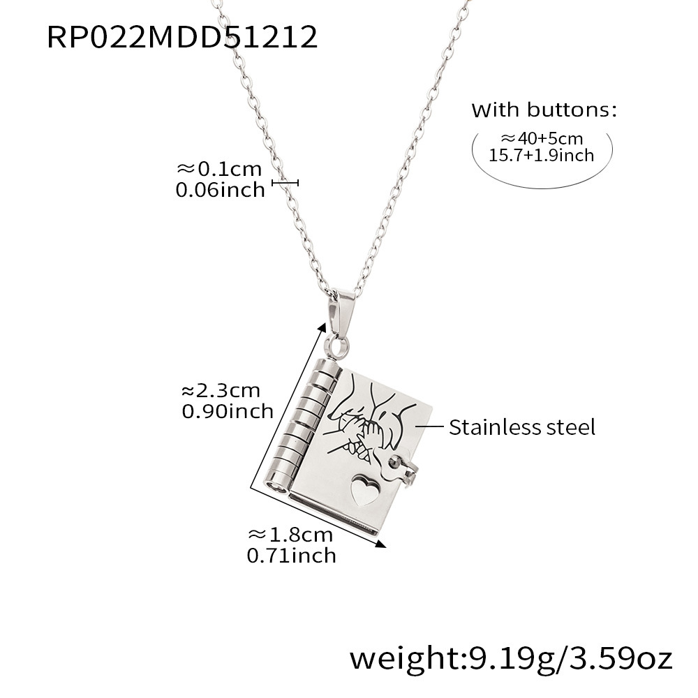 316L stainless steel silver book pendant necklace with pinky promise hand engraving, meaningful love family gift jewelry with size details
