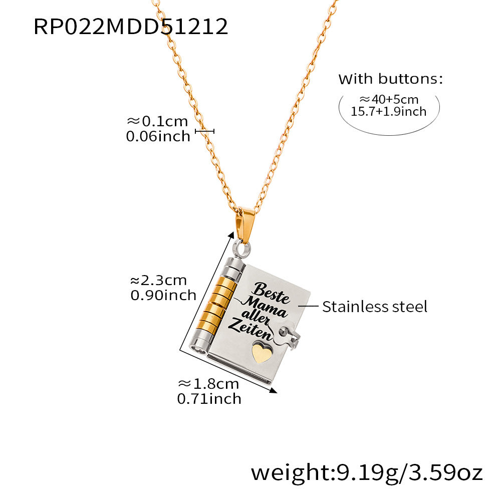316L stainless steel engraved book pendant necklace with “Beste Mama aller Zeiten” German message
