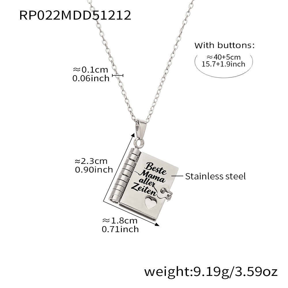 316L stainless steel book pendant necklace in silver with “Beste Mama aller Zeiten” engraving

