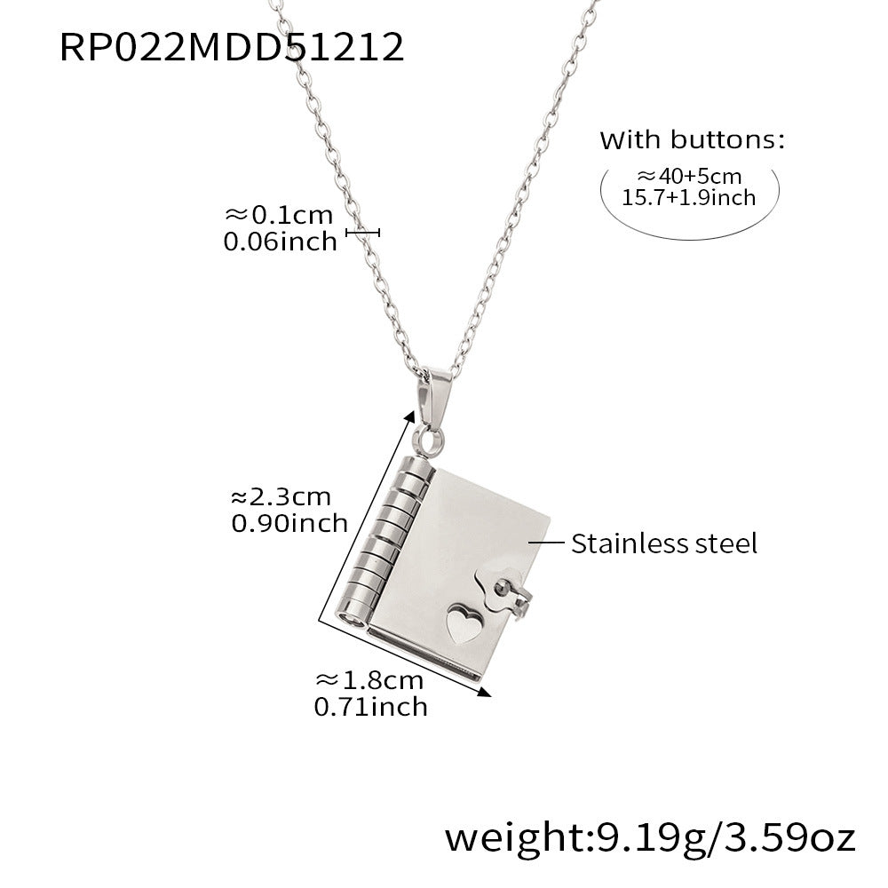 316L stainless steel book pendant necklace with blank cover design and heart detail
