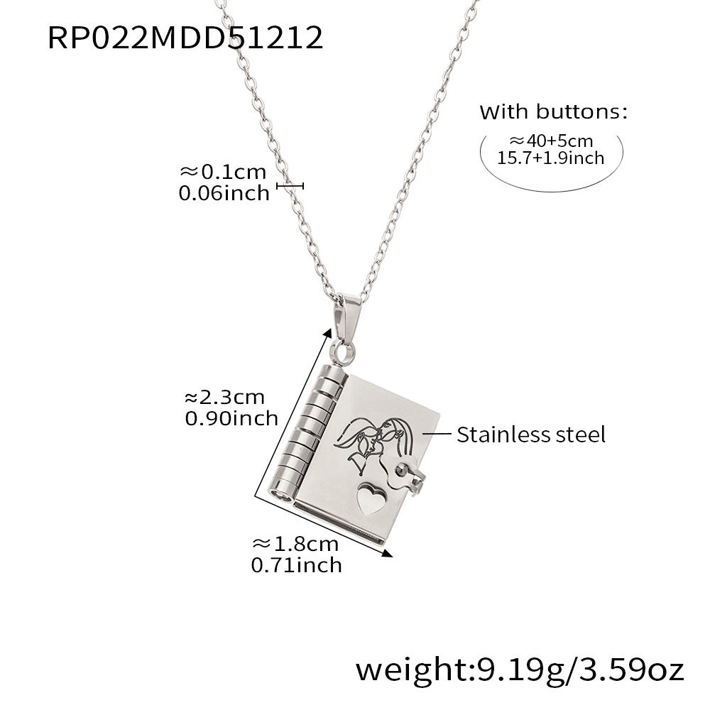 316L stainless steel book pendant necklace with romantic couple line art engraving
