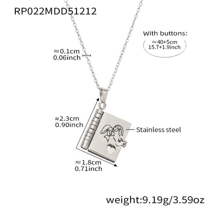 316L stainless steel book pendant necklace with romantic couple line art engraving
