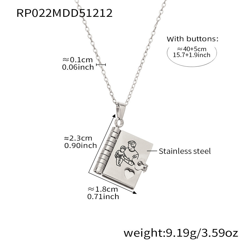 316L stainless steel book pendant necklace with parents and child family illustration
