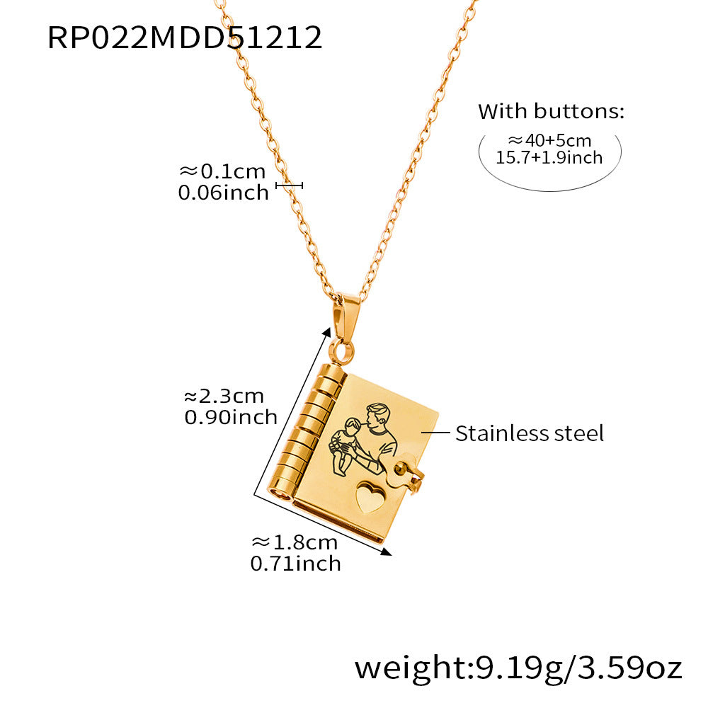 316L Stainless Steel 18K Gold PVD Engraved Book Pendant Necklace – Mother’s Day Family Love Gift