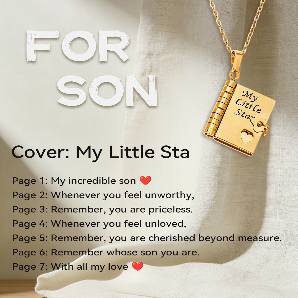 316L Stainless Steel 18K Gold PVD Engraved Book Pendant Necklace – Mother’s Day Family Love Gift