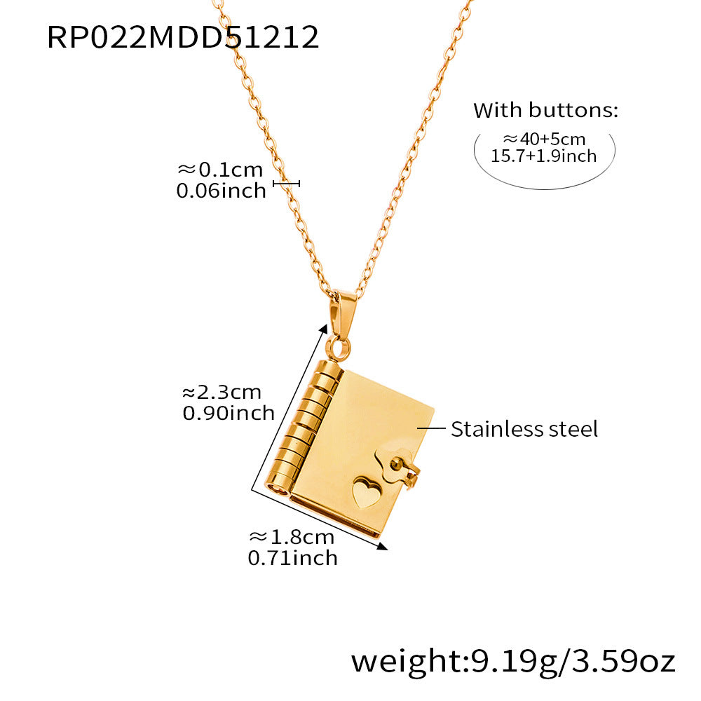 316L stainless steel gold book pendant necklace with plain cover, minimalist heart lock charm jewelry with size and weight details
