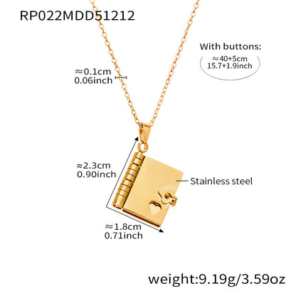 316L stainless steel gold book pendant necklace with plain cover, minimalist heart lock charm jewelry with size and weight details
