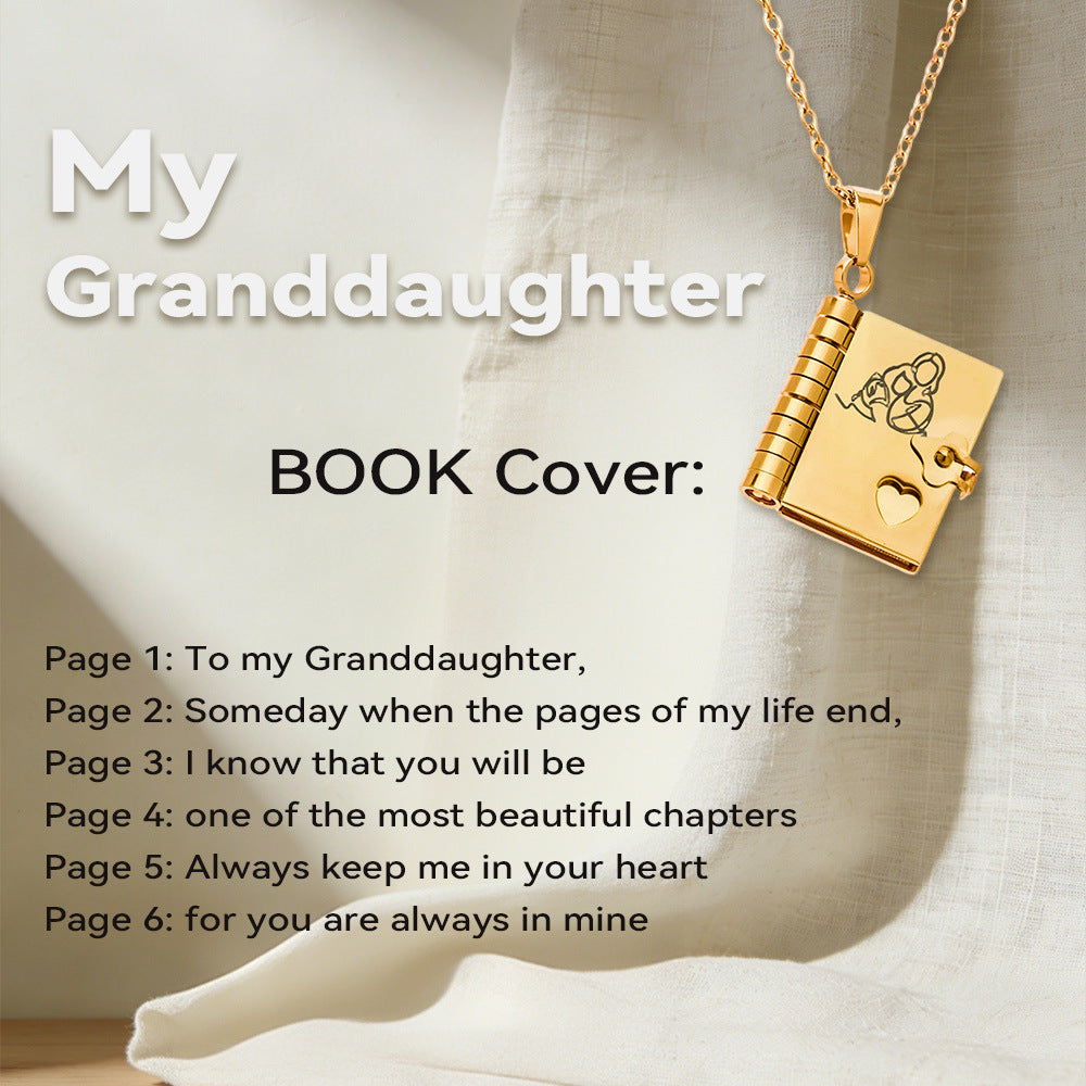 316L Stainless Steel 18K Gold PVD Engraved Book Pendant Necklace – Mother’s Day Family Love Gift