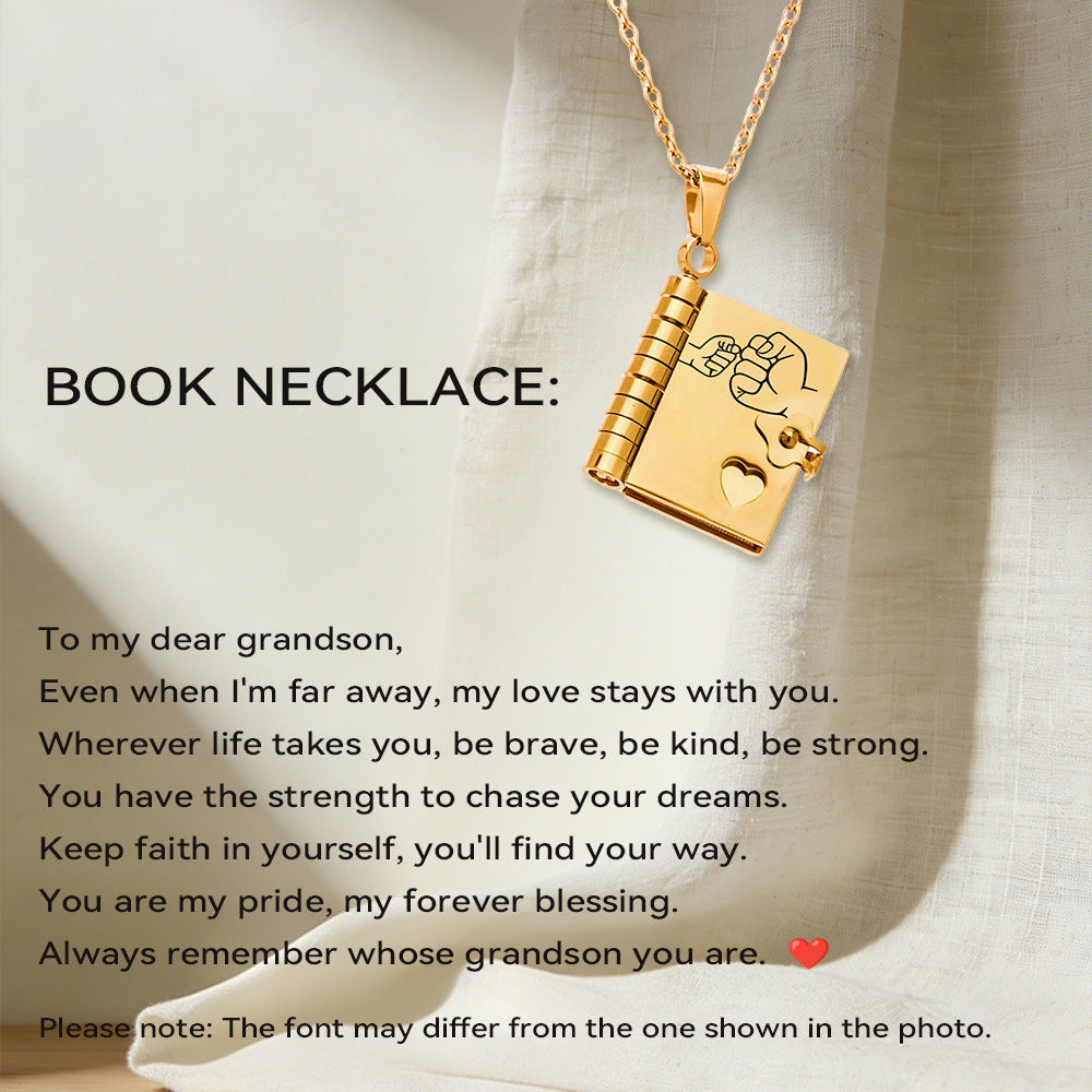 316L Stainless Steel 18K Gold PVD Engraved Book Pendant Necklace – Mother’s Day Family Love Gift
