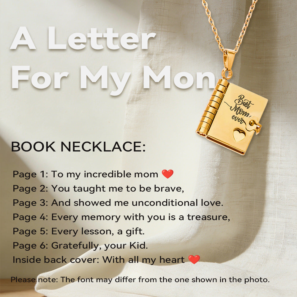 316L Stainless Steel 18K Gold PVD Engraved Book Pendant Necklace – Mother’s Day Family Love Gift