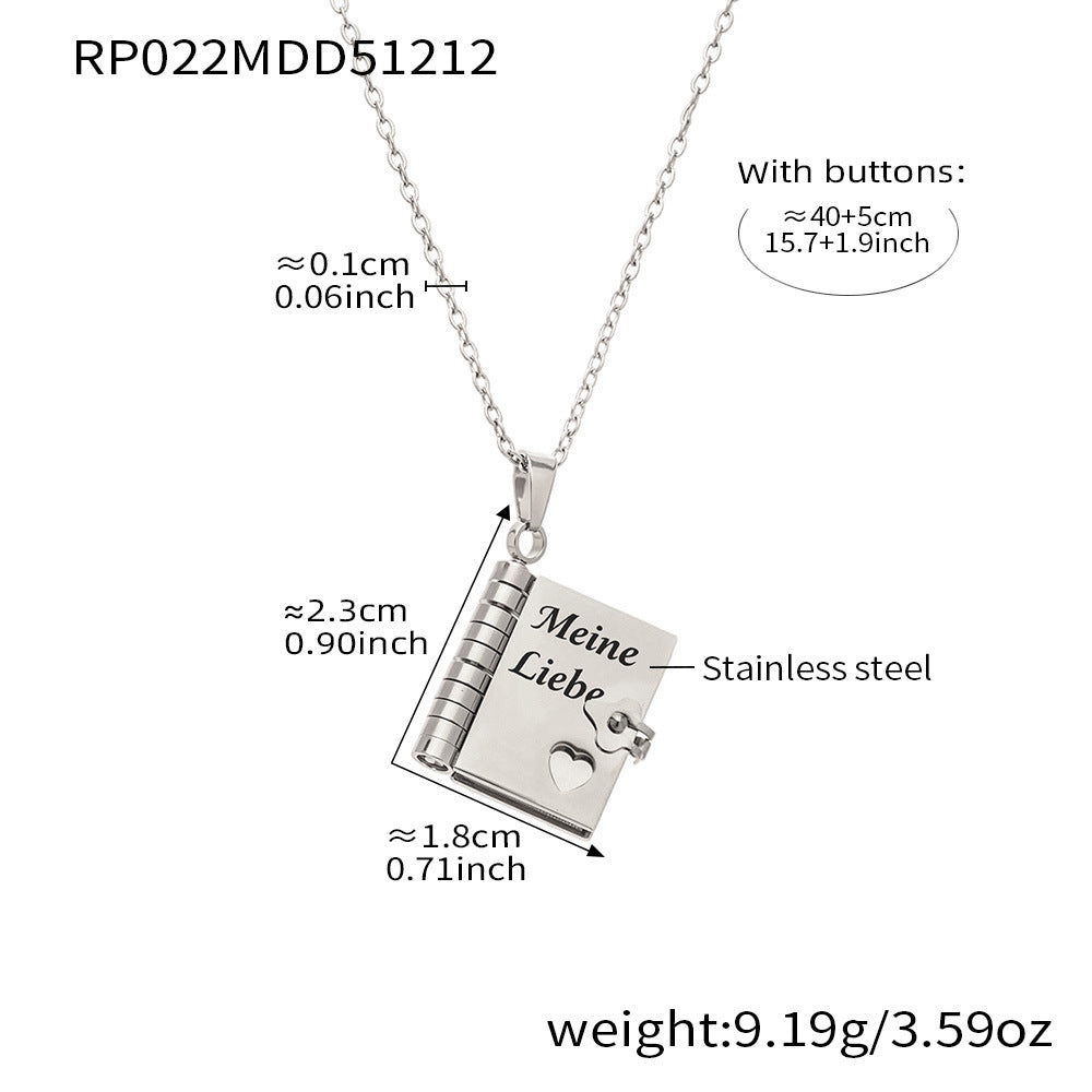 316L stainless steel engraved book pendant necklace with “Meine Liebe” German message
