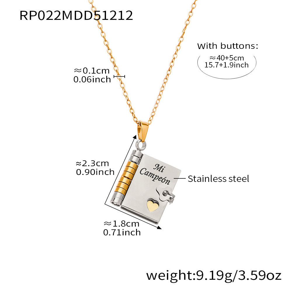 316L stainless steel engraved book pendant necklace with “Mi Campeón” Spanish message
