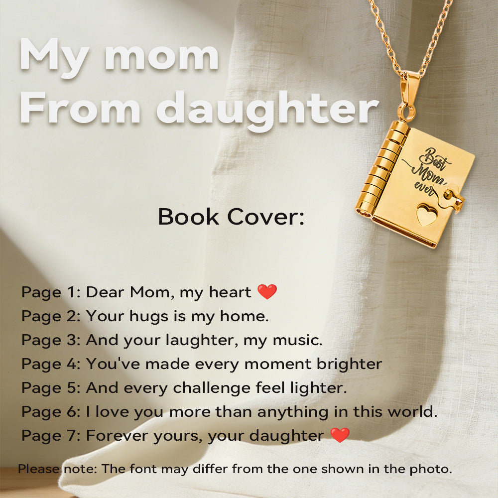 316L Stainless Steel 18K Gold PVD Engraved Book Pendant Necklace – Mother’s Day Family Love Gift