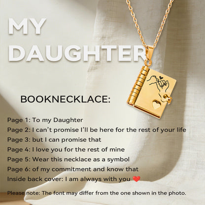 gold stainless steel book pendant necklace opened showing My Daughter message inside sentimental gift