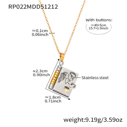 316L stainless steel book pendant necklace with romantic couple illustration design
