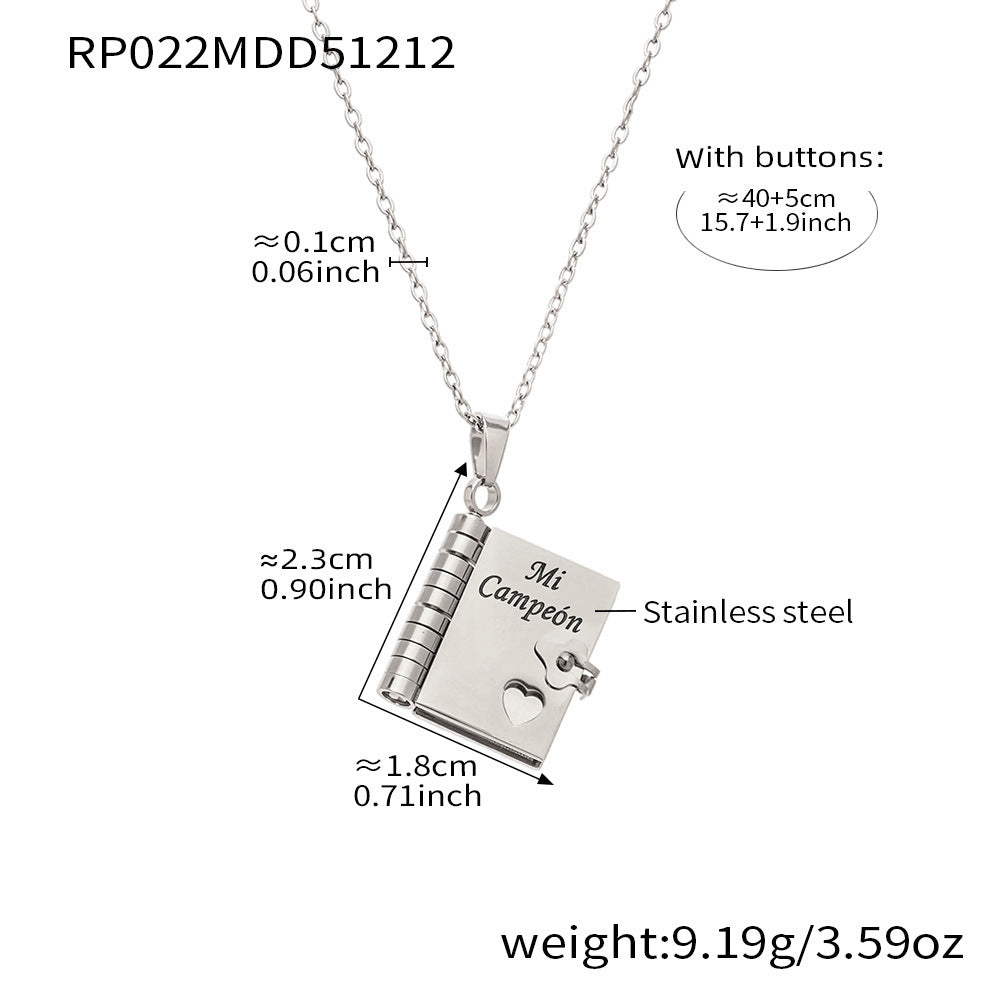 316L stainless steel book pendant necklace Spanish engraving Mi Campeón inspirational gift necklace