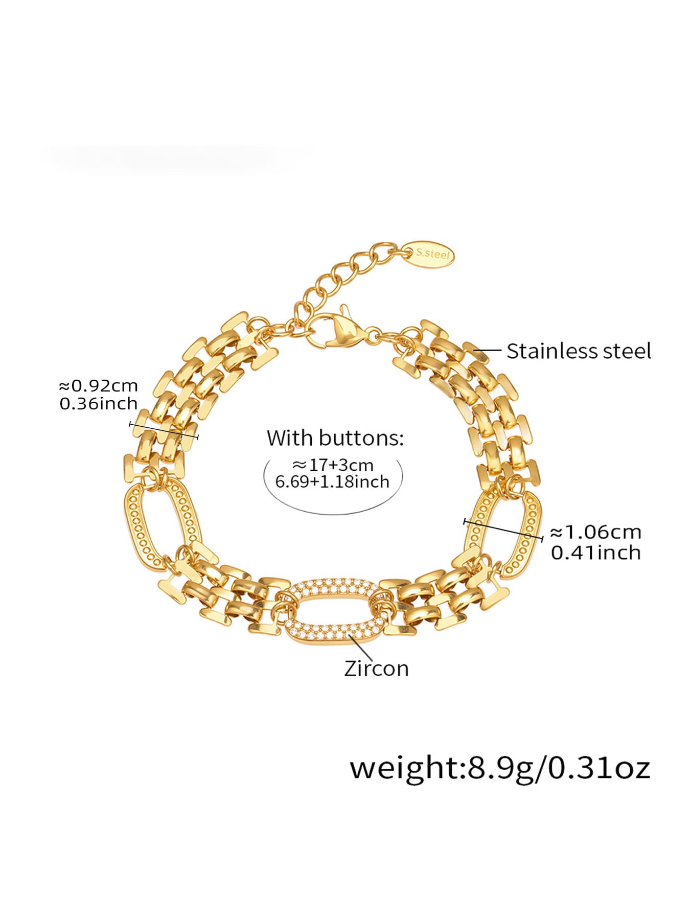 316L stainless steel oval link zircon bracelet weight and material details