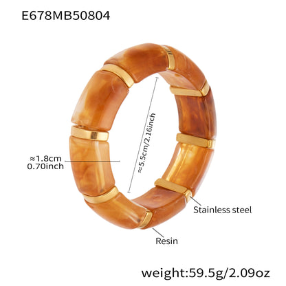 Brown resin stretch bracelet size chart with stainless steel connectors and measurements