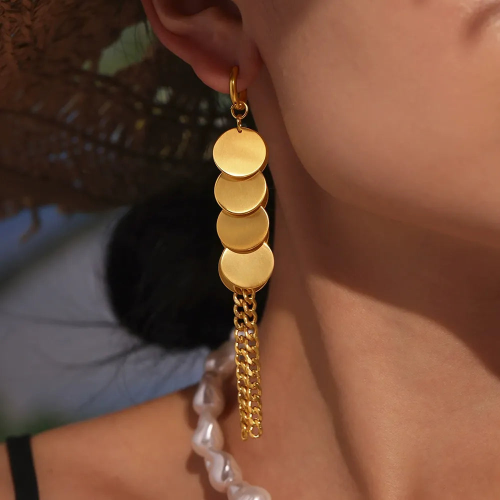 316L stainless steel Brushed Disc Chain Tassel Earrings close-up detail view for wholesale earrings buyers