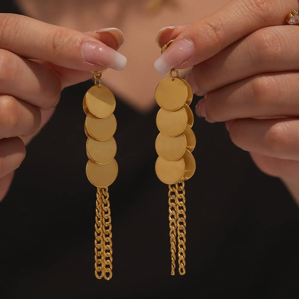 316L stainless steel Brushed Disc Chain Tassel Earrings flat lay display for wholesale earrings buyers