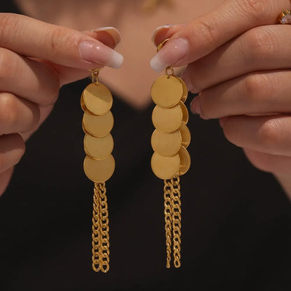 316L Stainless Steel Brushed Disc Chain Tassel Earrings - Image 4