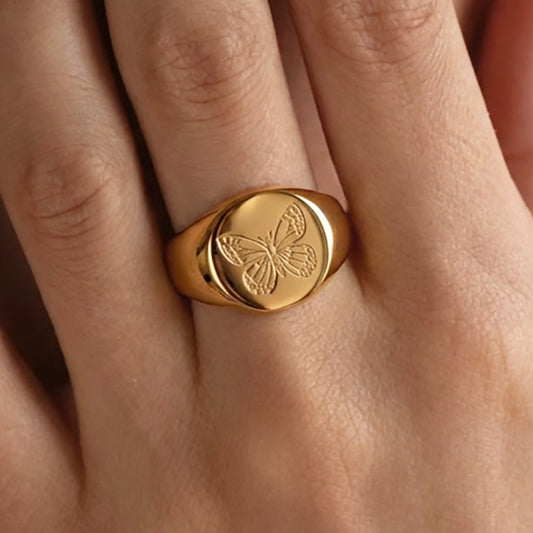 316L Stainless Steel Butterfly & Peony Engraved Signet Ring