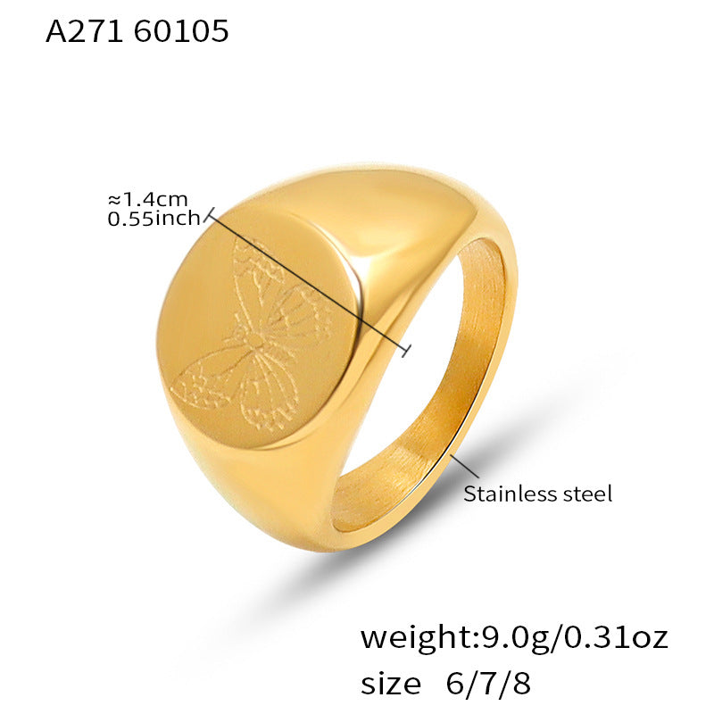 316L Stainless Steel Butterfly & Peony Engraved Signet Ring