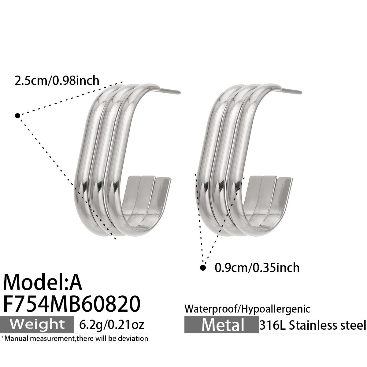 Lightweight hypoallergenic C-shaped earrings designed for daily wear