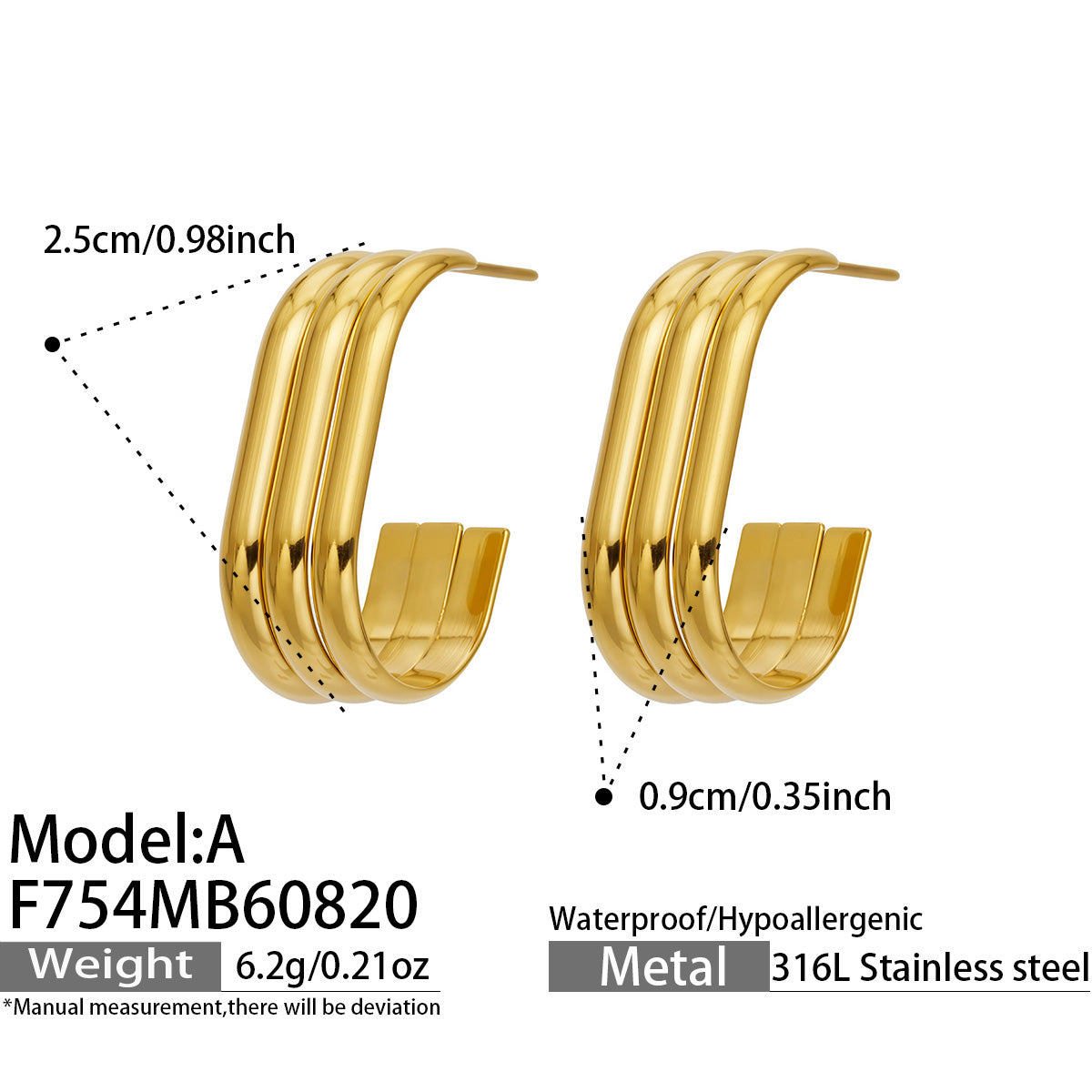316L Stainless Steel 18K PVD Gold C-Shaped Earrings made with 316L stainless steel and 18K PVD gold finish for wholesale jewelry buyers - image 6