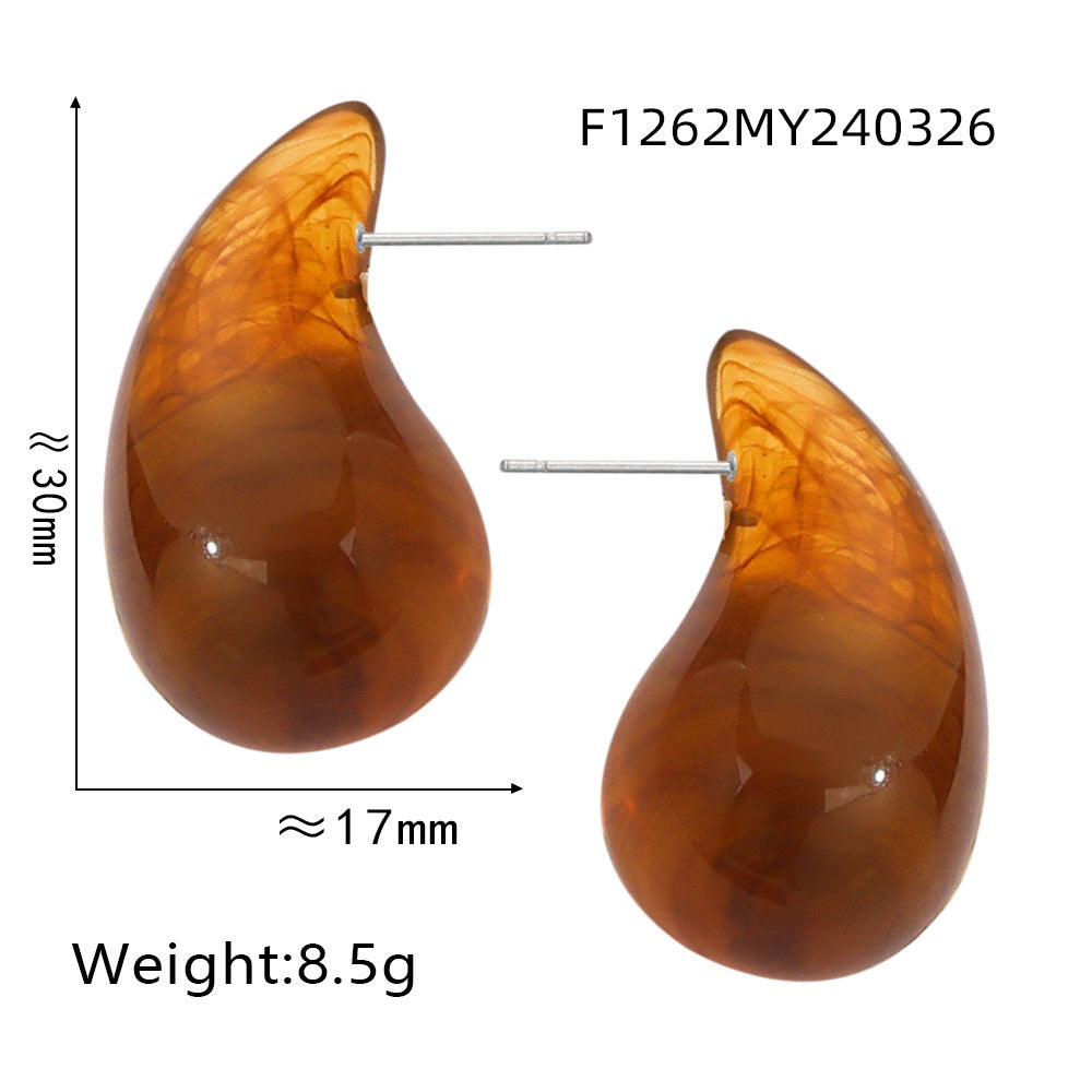 Caramel resin teardrop stud earrings with 316L stainless steel posts, glossy lightweight waterproof statement earrings
