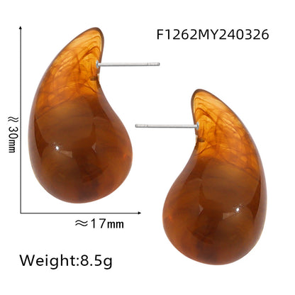 Caramel resin teardrop stud earrings with 316L stainless steel posts, glossy lightweight waterproof statement earrings
