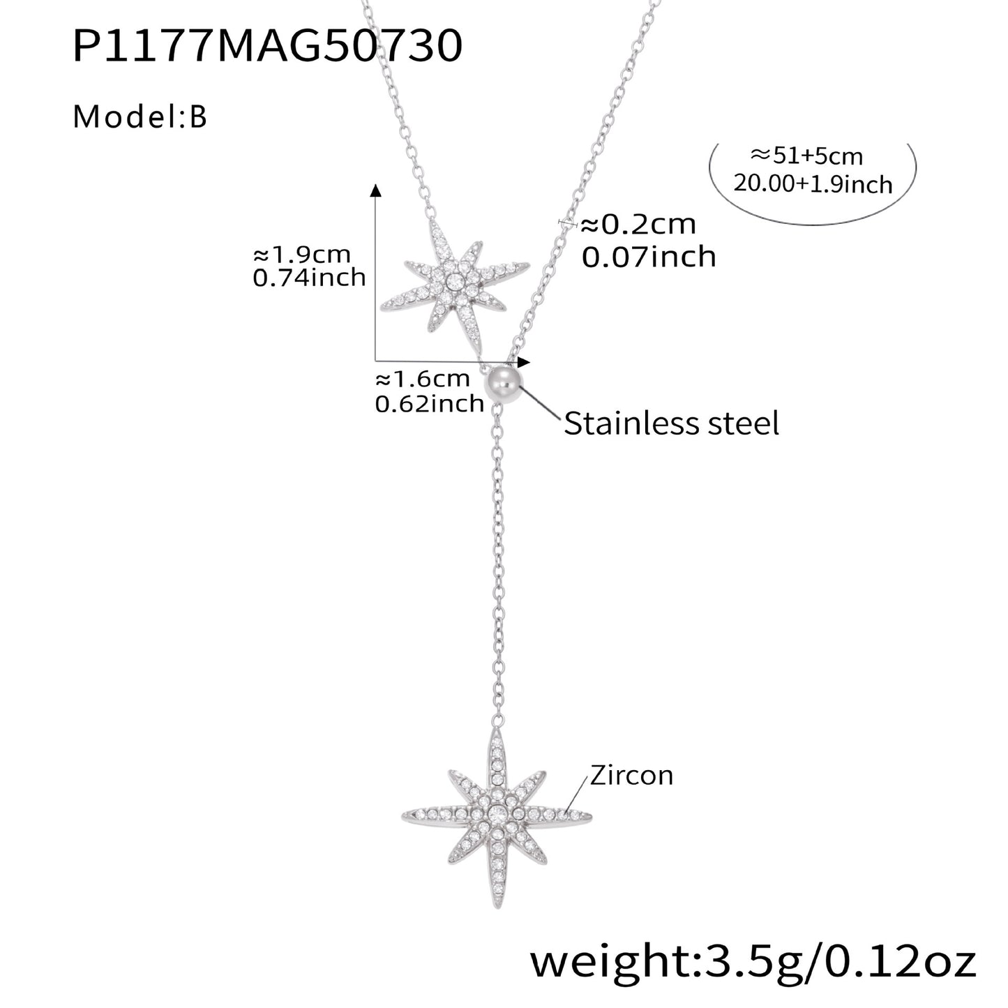 316L stainless steel layered celestial star tassel necklace in silver with zircon, detailed size display