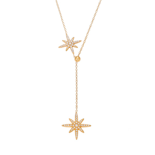 Gold 316L stainless steel celestial star tassel necklace with zircon, minimalist lariat style jewelry